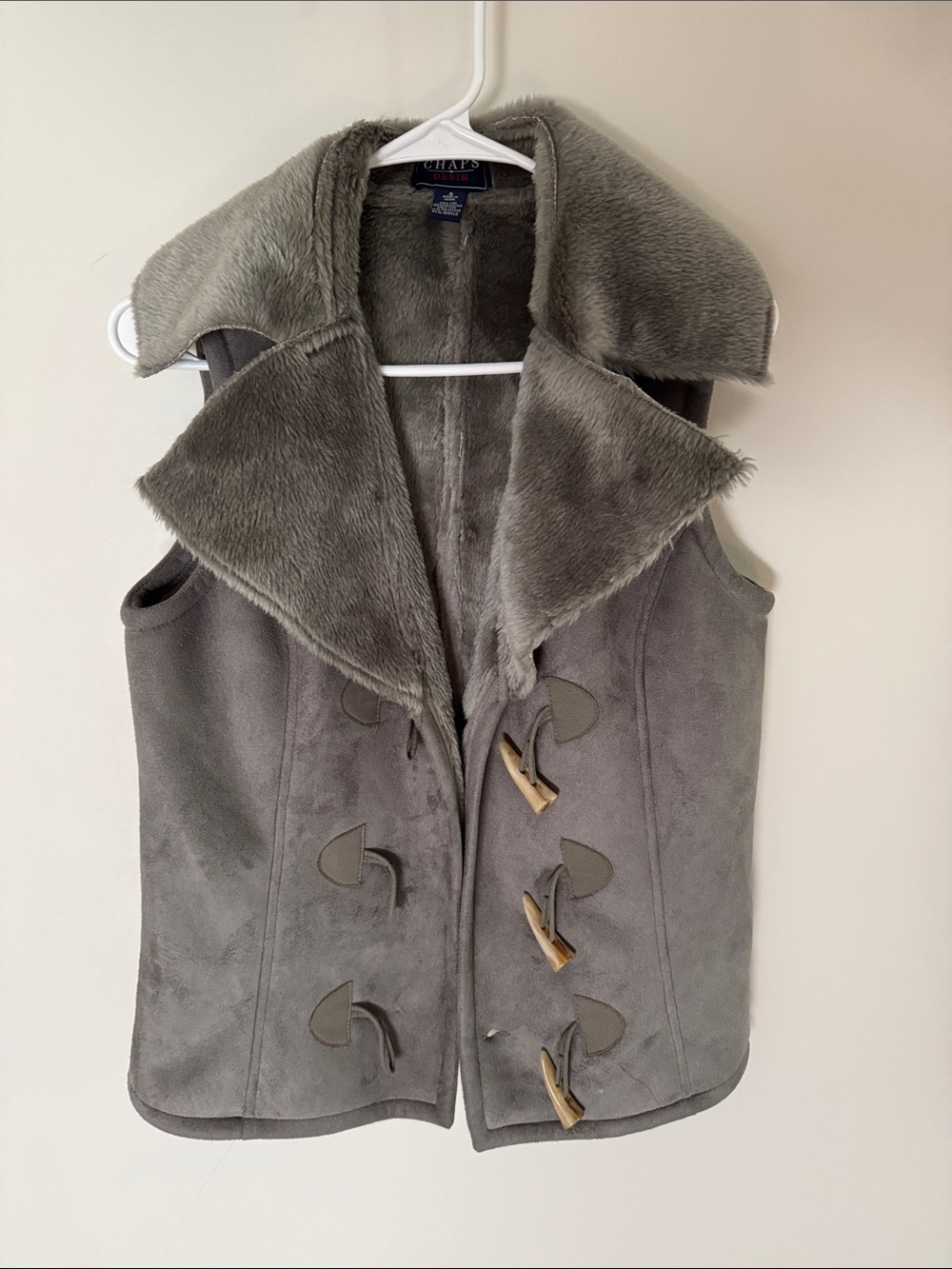 Chaps Gray Faux-Suede Vest with Plush Faux-Fur Collar